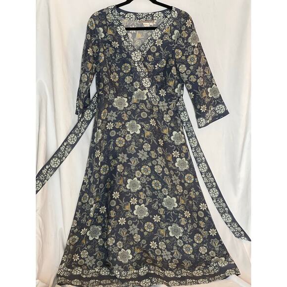 Anthropologie Isabella Bird Floral Retro Kimono Midi Dress, 100% Silk, Blue, 4 - Picture 1 of 11